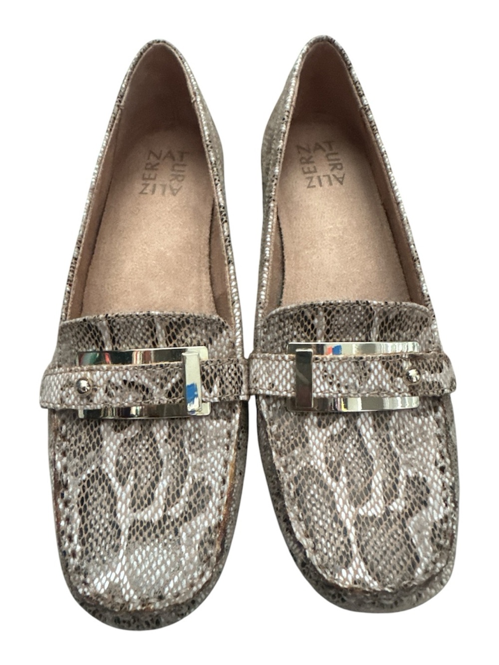 Naturalizer Taupe Snake-Print Loafers with Metallic Bar